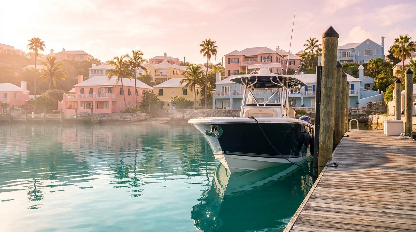 Boat at a Bermuda marina at golden hour