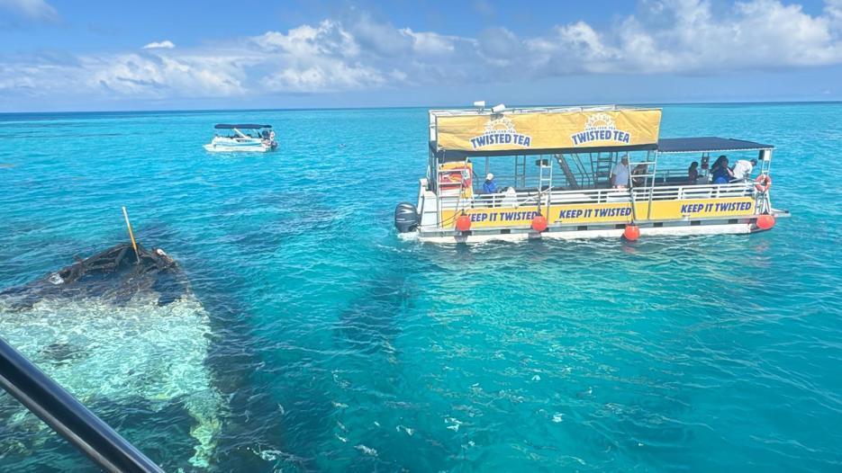The Pontune Paradise, Bermuda's 25-guest two-deck party boat, anchored over a reef wreck in turquoise water